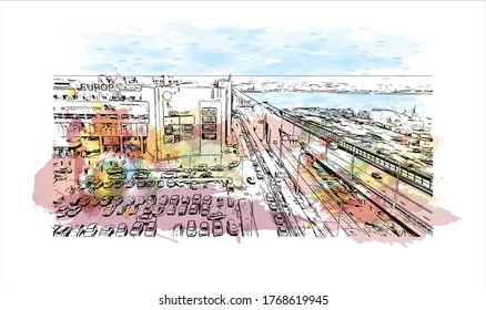 Building view with landmark of Vogograd formerly Stalingard is a city in southwest russia. Watercolor splash with hand drown sketch illustration in vector.