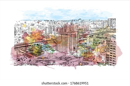 Building view with landmark of Vogograd formerly Stalingard is a city in southwest russia. Watercolor splash with hand drown sketch illustration in vector.
