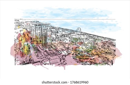 Building view with landmark of Vogograd formerly Stalingard is a city in southwest russia. Watercolor splash with hand drown sketch illustration in vector.
