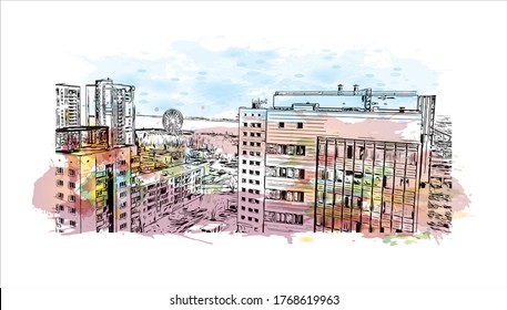 Building view with landmark of Vogograd formerly Stalingard is a city in southwest russia. Watercolor splash with hand drown sketch illustration in vector.