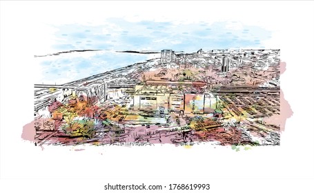 Building view with landmark of Vogograd formerly Stalingard is a city in southwest russia. Watercolor splash with hand drown sketch illustration in vector.