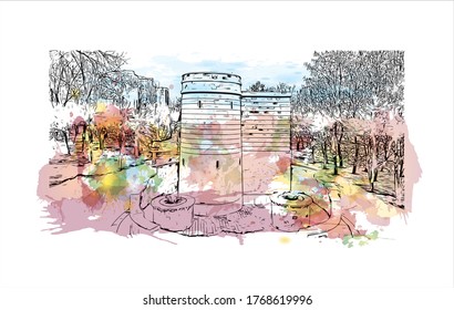 Building view with landmark of Vogograd formerly Stalingard is a city in southwest russia. Watercolor splash with hand drown sketch illustration in vector.
