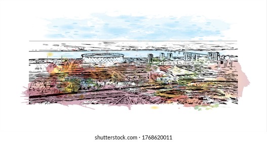 Die Stadt Stalingard ist eine Stadt im Südwesten Russlands. Aquarellspritzer mit handgeerzter Skizzengrafik in Vektorgrafik.
