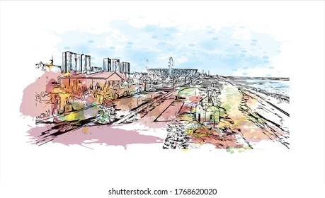 Building view with landmark of Vogograd formerly Stalingard is a city in southwest russia. Watercolor splash with hand drown sketch illustration in vector.