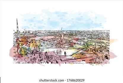 Building view with landmark of Vogograd formerly Stalingard is a city in southwest russia. Watercolor splash with hand drown sketch illustration in vector.
