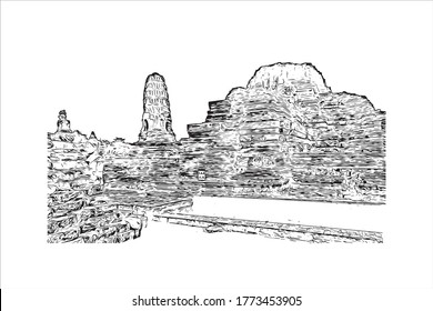 Building view with landmark of Wat Phra Si Sanphet was the holiest temple on the site of the old Royal Palace in Thailand. .Hand drawn sketch illustration in vector.  