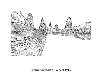 Building view with landmark of Wat Phra Si Sanphet was the holiest temple on the site of the old Royal Palace in Thailand. .Hand drawn sketch illustration in vector.  