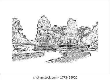 Die Aussicht auf das Gebäude mit Wahrzeichen des Wat Phra Si Sanphet war der heiligste Tempel auf dem Gelände des alten Königspalastes in Thailand. .Handgezeichnete Skizzengrafik in Vektorgrafik.  