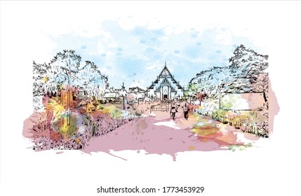 Building view with landmark of Wat Phra Si Sanphet was the holiest temple on the site of the old Royal Palace in Thailand. .Watercolor splash with hand drawn sketch illustration in vector.  