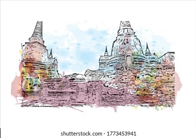 Die Aussicht auf das Gebäude mit Wahrzeichen des Wat Phra Si Sanphet war der heiligste Tempel auf dem Gelände des alten Königspalastes in Thailand. .Aquarellspritzer mit handgezeichneter Skizzengrafik in Vektorgrafik.  
