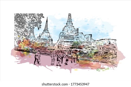 Building view with landmark of Wat Phra Si Sanphet was the holiest temple on the site of the old Royal Palace in Thailand. .Watercolor splash with hand drawn sketch illustration in vector.  