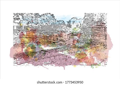 Building view with landmark of Wat Phra Si Sanphet was the holiest temple on the site of the old Royal Palace in Thailand. .Watercolor splash with hand drawn sketch illustration in vector.  
