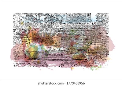 Building view with landmark of Wat Phra Si Sanphet was the holiest temple on the site of the old Royal Palace in Thailand. .Watercolor splash with hand drawn sketch illustration in vector.  