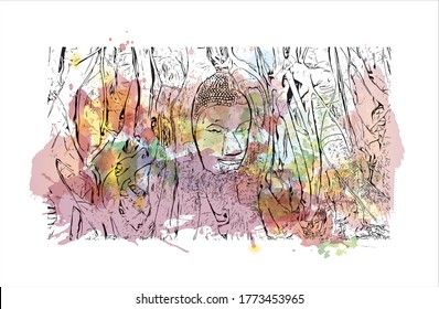 Building view with landmark of Wat Phra Si Sanphet was the holiest temple on the site of the old Royal Palace in Thailand. .Watercolor splash with hand drawn sketch illustration in vector.  