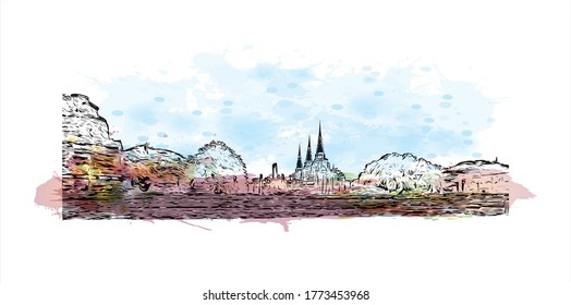 Building view with landmark of Wat Phra Si Sanphet was the holiest temple on the site of the old Royal Palace in Thailand. .Watercolor splash with hand drawn sketch illustration in vector.  