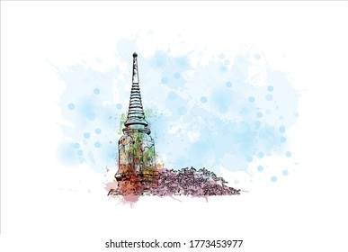 Building view with landmark of Wat Phra Si Sanphet was the holiest temple on the site of the old Royal Palace in Thailand. .Watercolor splash with hand drawn sketch illustration in vector.  