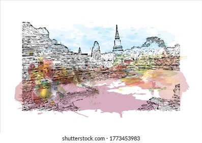 Building view with landmark of Wat Phra Si Sanphet was the holiest temple on the site of the old Royal Palace in Thailand. .Watercolor splash with hand drawn sketch illustration in vector.  