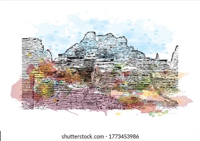 Building view with landmark of Wat Phra Si Sanphet was the holiest temple on the site of the old Royal Palace in Thailand. .Watercolor splash with hand drawn sketch illustration in vector.  