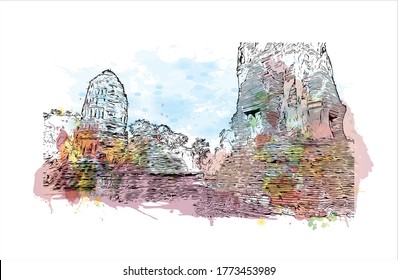 La vista de los edificios con el monumento de Wat Phra Si Sanphet fue el templo más sagrado en el lugar del antiguo Palacio Real en Tailandia. .Guión acuarela con ilustración de esbozo dibujada a mano en vector.  