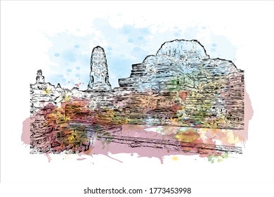 Building view with landmark of Wat Phra Si Sanphet was the holiest temple on the site of the old Royal Palace in Thailand. .Watercolor splash with hand drawn sketch illustration in vector.  