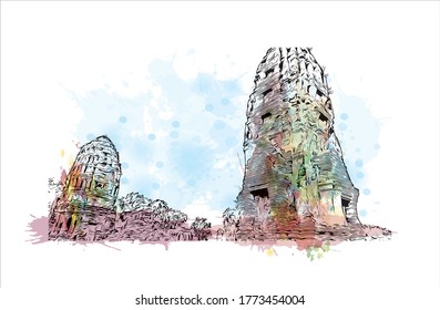 Building view with landmark of Wat Phra Si Sanphet was the holiest temple on the site of the old Royal Palace in Thailand. .Watercolor splash with hand drawn sketch illustration in vector.  