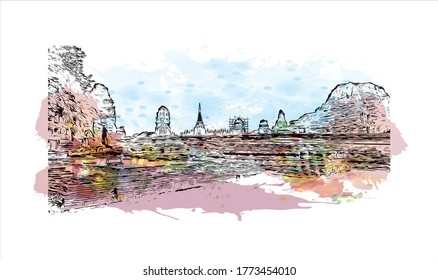 Building view with landmark of Wat Phra Si Sanphet was the holiest temple on the site of the old Royal Palace in Thailand. .Watercolor splash with hand drawn sketch illustration in vector.  