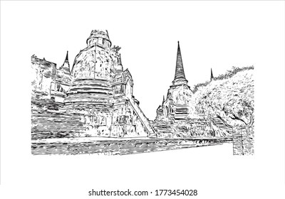 Building view with landmark of Wat Phra Si Sanphet was the holiest temple on the site of the old Royal Palace in Thailand. .Hand drawn sketch illustration in vector.  