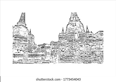 Building view with landmark of Wat Phra Si Sanphet was the holiest temple on the site of the old Royal Palace in Thailand. .Hand drawn sketch illustration in vector.  
