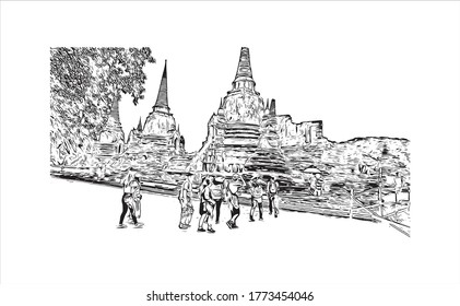 Building view with landmark of Wat Phra Si Sanphet was the holiest temple on the site of the old Royal Palace in Thailand. .Hand drawn sketch illustration in vector.  