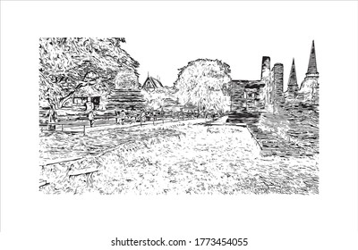Building view with landmark of Wat Phra Si Sanphet was the holiest temple on the site of the old Royal Palace in Thailand. .Hand drawn sketch illustration in vector.  