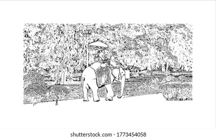 La vista de los edificios con el monumento de Wat Phra Si Sanphet fue el templo más sagrado en el lugar del antiguo Palacio Real en Tailandia. .Dibujar la ilustración en el vector.  