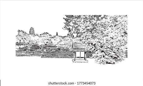 Building view with landmark of Wat Phra Si Sanphet was the holiest temple on the site of the old Royal Palace in Thailand. .Hand drawn sketch illustration in vector.  