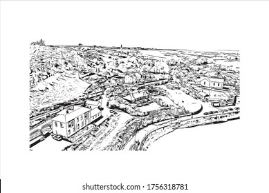 Building view with landmark of Waterford, a seaport in southeast Ireland, is the country’s oldest city. Hand drawn sketch illustration in vector.