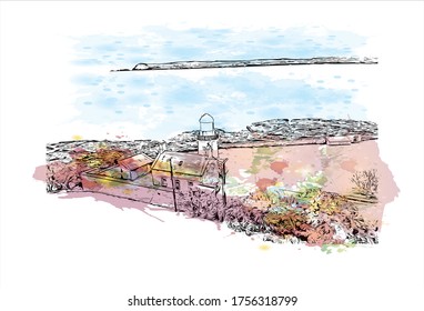 Building view with landmark of Waterford, a seaport in southeast Ireland, is the country’s oldest city. Watercolor splash with Hand drawn sketch illustration in vector.