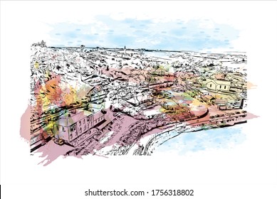 Building view with landmark of Waterford, a seaport in southeast Ireland, is the country’s oldest city. Watercolor splash with Hand drawn sketch illustration in vector.