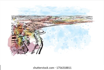 Building view with landmark of Waterford, a seaport in southeast Ireland, is the country’s oldest city. Watercolor splash with Hand drawn sketch illustration in vector.