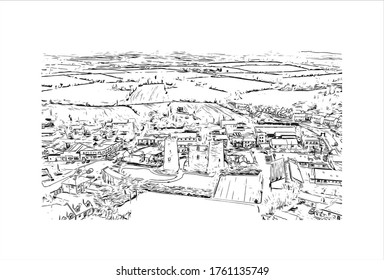 Building view with landmark of Wexford is a town in southeast Ireland, at the mouth of the River Slaney. Hand drawn sketch illustration in vector.