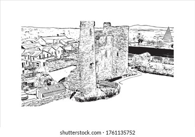 Building view with landmark of Wexford is a town in southeast Ireland, at the mouth of the River Slaney. Hand drawn sketch illustration in vector.