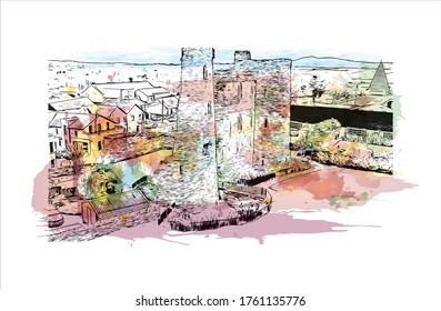 Building view with landmark of Wexford is a town in southeast Ireland, at the mouth of the River Slaney. Watercolor splash with Hand drawn sketch illustration in vector.