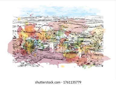 Building view with landmark of Wexford is a town in southeast Ireland, at the mouth of the River Slaney. Watercolor splash with Hand drawn sketch illustration in vector.