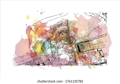 Building view with landmark of Wexford is a town in southeast Ireland, at the mouth of the River Slaney. Watercolor splash with Hand drawn sketch illustration in vector.