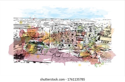 Building view with landmark of Wexford is a town in southeast Ireland, at the mouth of the River Slaney. Watercolor splash with Hand drawn sketch illustration in vector.