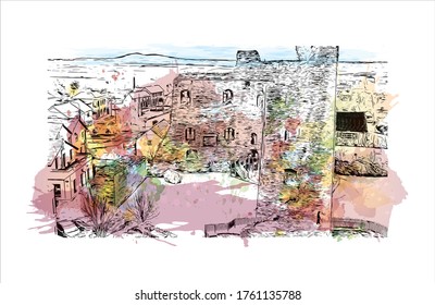 Building view with landmark of Wexford is a town in southeast Ireland, at the mouth of the River Slaney. Watercolor splash with Hand drawn sketch illustration in vector.