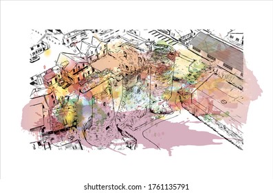 Building view with landmark of Wexford is a town in southeast Ireland, at the mouth of the River Slaney. Watercolor splash with Hand drawn sketch illustration in vector.