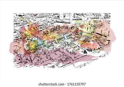 Building view with landmark of Wexford is a town in southeast Ireland, at the mouth of the River Slaney. Watercolor splash with Hand drawn sketch illustration in vector.