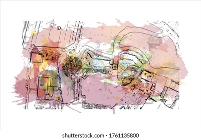 Building view with landmark of Wexford is a town in southeast Ireland, at the mouth of the River Slaney. Watercolor splash with Hand drawn sketch illustration in vector.