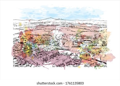 Building view with landmark of Wexford is a town in southeast Ireland, at the mouth of the River Slaney. Watercolor splash with Hand drawn sketch illustration in vector.