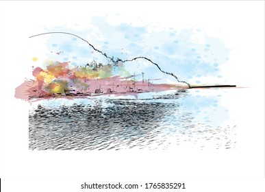 Building view with landmark of Whistler is a town north of Vancouver, British Columbia, that's home to Whistler Blackcomb. Watercolor splash with hand drown sketch illustration.