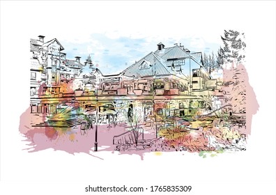 Building view with landmark of Whistler is a town north of Vancouver, British Columbia, that's home to Whistler Blackcomb. Watercolor splash with hand drown sketch illustration.