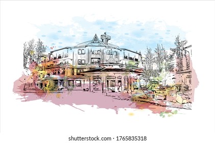 Building view with landmark of Whistler is a town north of Vancouver, British Columbia, that's home to Whistler Blackcomb. Watercolor splash with hand drown sketch illustration.